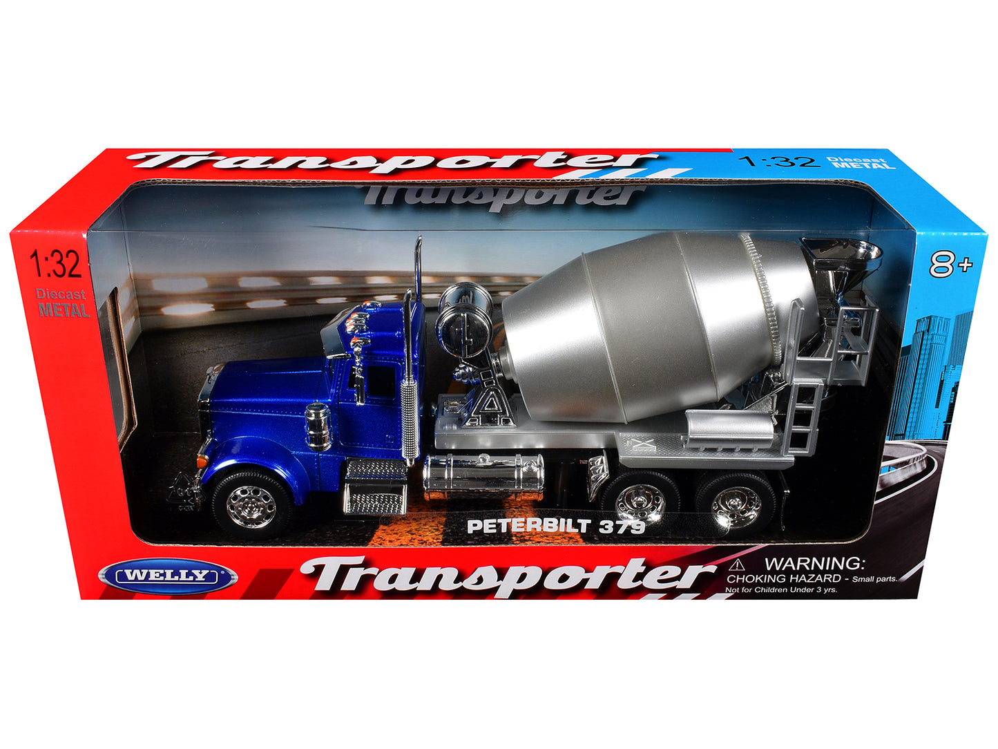 Peterbilt 379 Cement Mixer Blue Metallic with Chrome and Silver Mixer "Transporter" Series 1/32 T&y Diecast Model by Welly