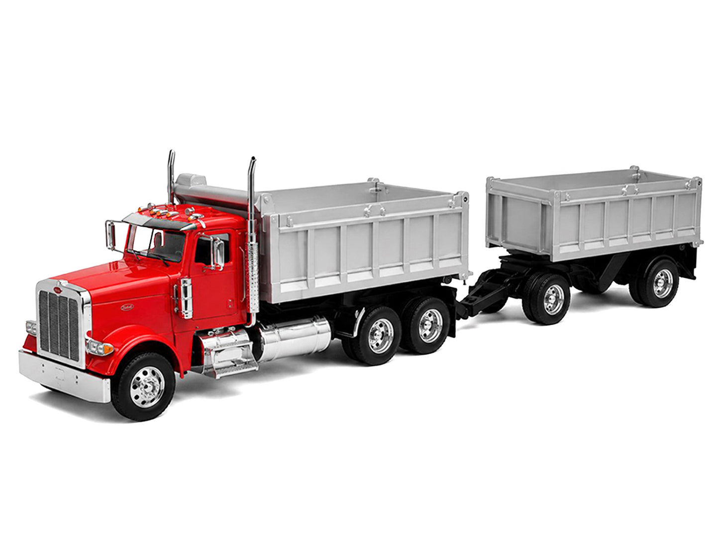 Peterbilt 379 Dump Truck Red with Gray Double Dump Trailer "Transporter" Series 1/32 T&y Diecast Model by Welly