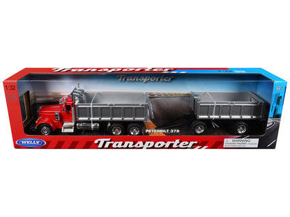 Peterbilt 379 Dump Truck Red with Gray Double Dump Trailer "Transporter" Series 1/32 T&y Diecast Model by Welly