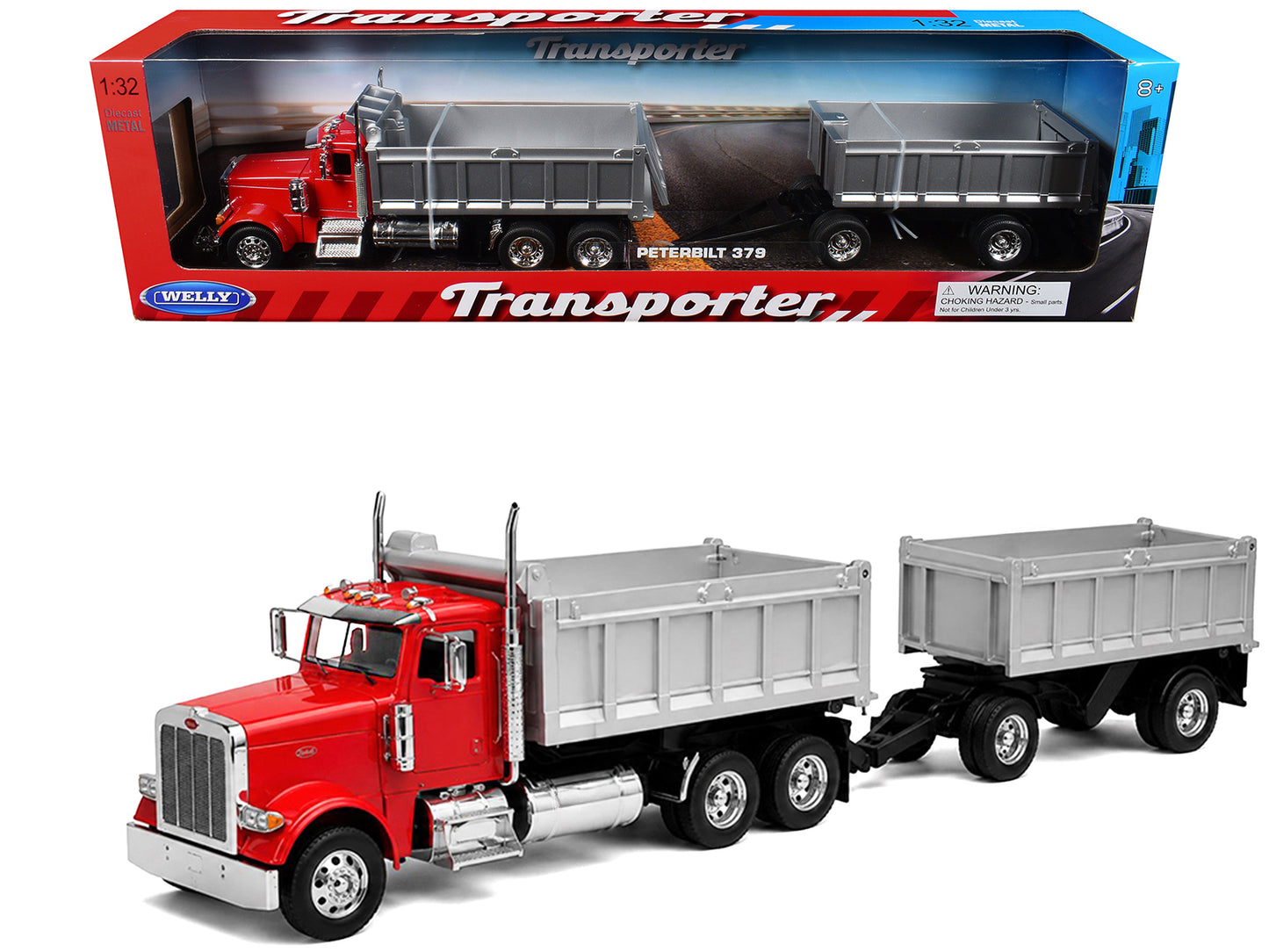 Peterbilt 379 Dump Truck Red with Gray Double Dump Trailer "Transporter" Series 1/32 T&y Diecast Model by Welly