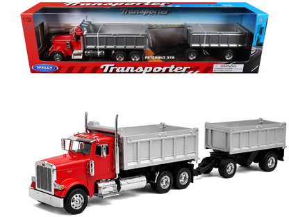 Peterbilt 379 Dump Truck Red with Gray Double Dump Trailer "Transporter" Series 1/32 T&y Diecast Model by Welly
