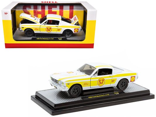 1966 Ford Mustang 2+2 GT #57 "Shell Oil" White with Yellow Stripes Limited Edition to 5650 pieces Worldwide 1/24 T&y Diecast Model Car by M2 Machines