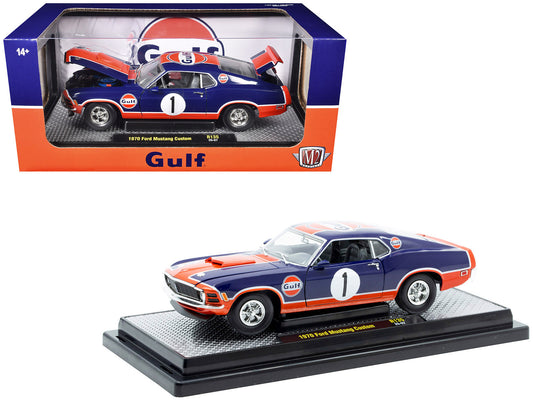 1970 Ford Mustang Custom #1 "Gulf Oil" Dark Blue with Orange Graphics Limited Edition to 7850 pieces Worldwide 1/24 T&y Diecast Model Car by M2 Machines