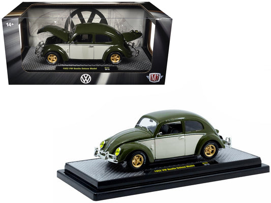 1952 Volkswagen Beetle Deluxe Model Dark Green with Beige Sides Limited Edition to 5250 pieces Worldwide 1/24 T&y Diecast Model Car by M2 Machines
