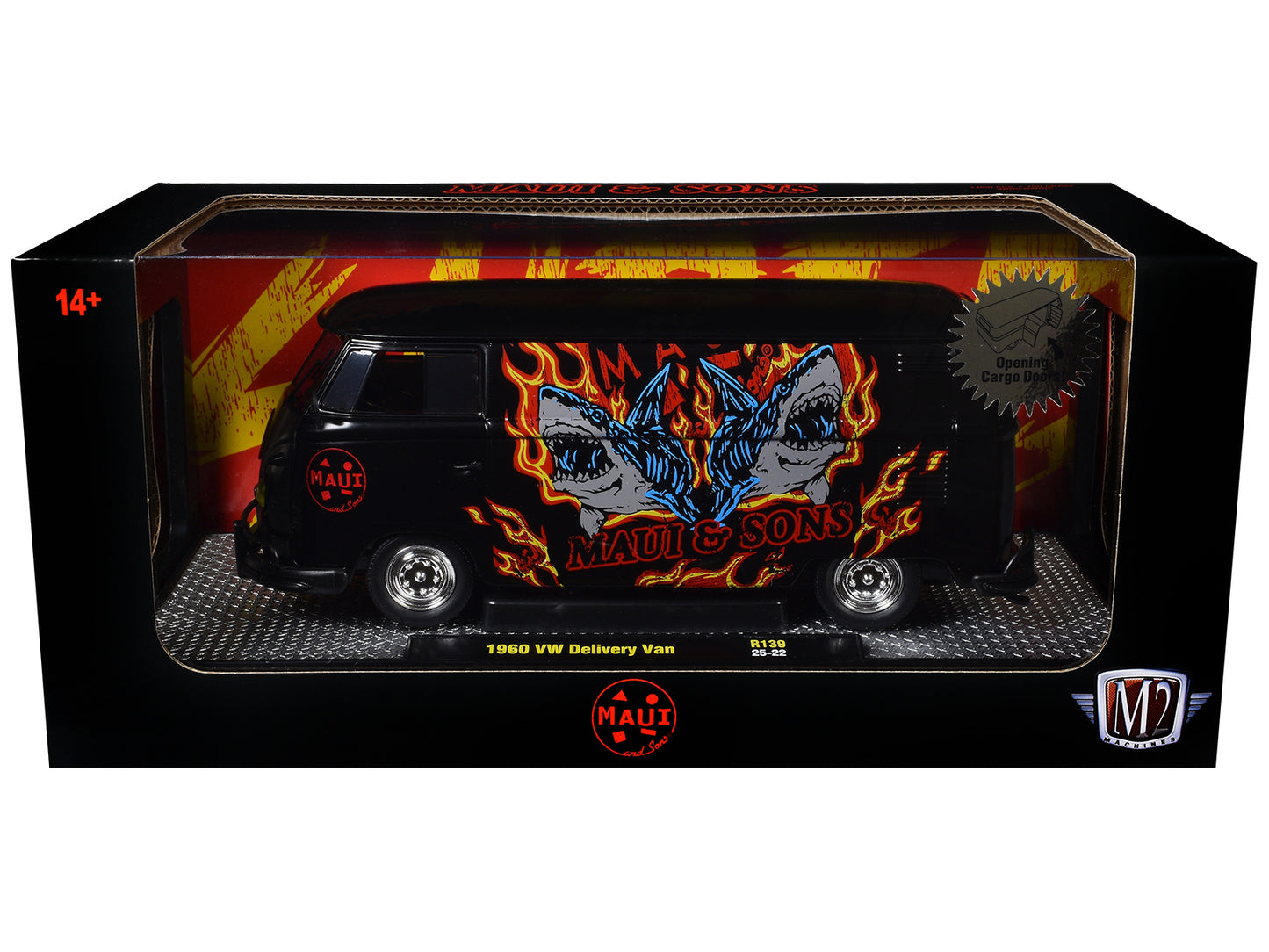 1960 Volkswagen Delivery Van "Maui & Sons" Black with Graphics Limited Edition to 4050 pieces Worldwide 1/24 Diecast Model Car by M2 Machines