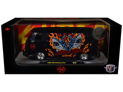 1960 Volkswagen Delivery Van "Maui & Sons" Black with Graphics Limited Edition to 4050 pieces Worldwide 1/24 Diecast Model Car by M2 Machines