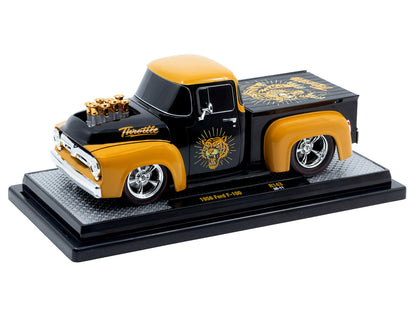 1956 Ford F-100 Pickup Truck "Throttle" Black with Brown Top and Fenders with Graphics Limited Edition to 6250 pieces Worldwide 1/24 Diecast Model Car by M2 Machines