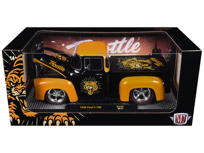 1956 Ford F-100 Pickup Truck "Throttle" Black with Brown Top and Fenders with Graphics Limited Edition to 6250 pieces Worldwide 1/24 Diecast Model Car by M2 Machines