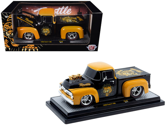 1956 Ford F-100 Pickup Truck "Throttle" Black with Brown Top and Fenders with Graphics Limited Edition to 6250 pieces Worldwide 1/24 T&y Diecast Model Car by M2 Machines