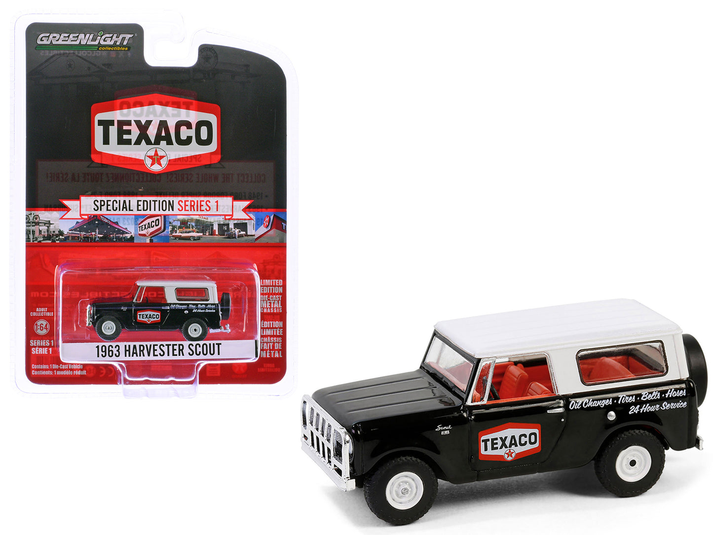 GreenLight 1963 Harvester Scout "Texaco" Black with White Top and Red Interior "Texaco Special Edition" Series 1 1/64 Diecast Model Car by <h2>1963 Greenlight</h2> <p>High-quality perfect for collecto