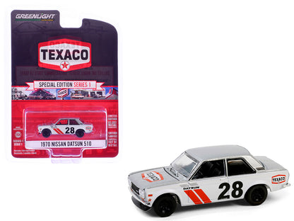 GreenLight 1970 Nissan Datsun 510 #28 "Texaco" Silver Metallic and White with Red Stripes "Texaco Special Edition" Series 1 1/64 Diecast Model Car by <h2>1970 Greenlight</h2> <p>High-quality perfect f