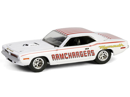 GreenLight 1970 Plymouth Hemi Barracuda "Ramchargers" White with Red Stripes "Running on Empty" Series 17 1/64 Diecast Model Car by <h2>1970 Greenlight</h2> <p>High-quality perfect for collectors and