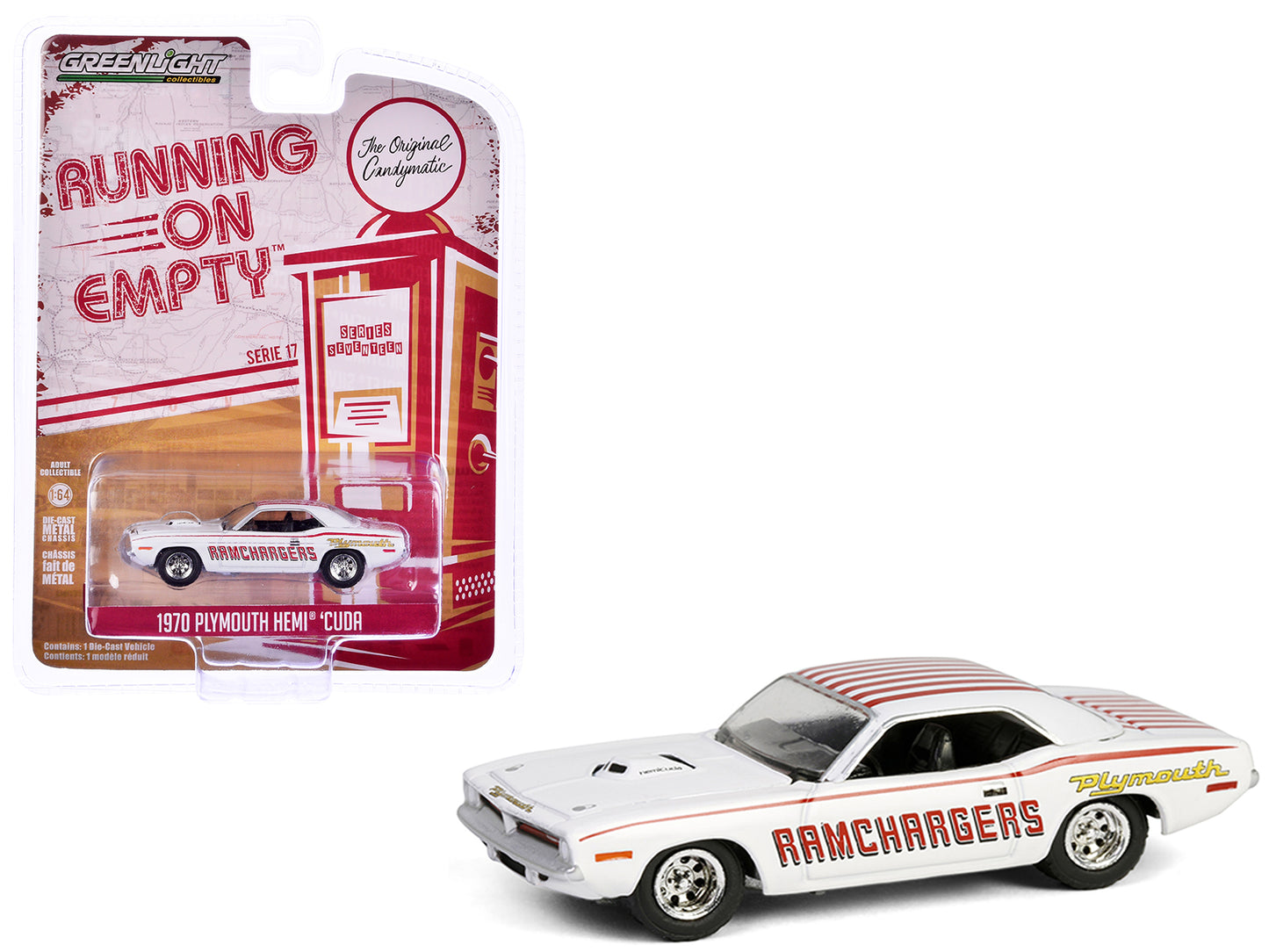 GreenLight 1970 Plymouth Hemi Barracuda "Ramchargers" White with Red Stripes "Running on Empty" Series 17 1/64 Diecast Model Car by <h2>1970 Greenlight</h2> <p>High-quality perfect for collectors and