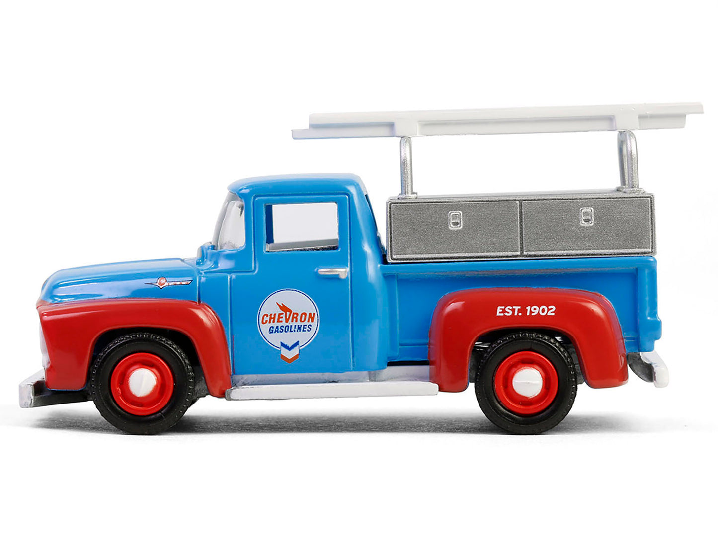 GreenLight 1956 Ford F-100 Pickup Truck with Tool Boxes and Ladders "Chevron" Blue Red "Chevron Special Edition" Series 1 1/64 Diecast Model Car by <h2>1956 Greenlight</h2> <p>High-quality perfect for