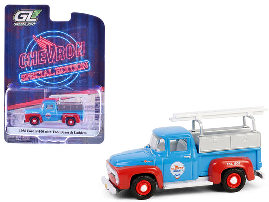 1956 Ford F-100 Pickup Truck with Tool Boxes and Ladders "Chevron" Blue and Red "Chevron Special Edition" Series 1 1/64 T&y Diecast Model Car by Greenlight