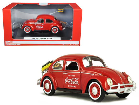 1966 Volkswagen Beetle with Rear Luggage Rack Red with Two Bottle Cases "Coca-Cola" 1/24 T&y Diecast Model Car by Motorcity Classics