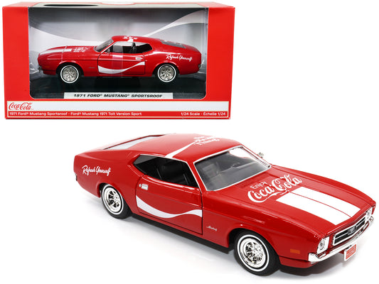 1971 Ford Mustang Sportsroof Red with White Stripes "Refresh Yourself - Coca-Cola" 1/24 T&y Diecast Model Car by Motor City Classics
