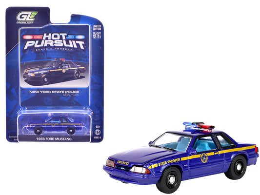 1988 Ford Mustang "New York State Police" Blue with Yellow Stripes and Blue Interior "Hot Pursuit" Series 8 1/64 T&y Diecast Model Car by Greenlight