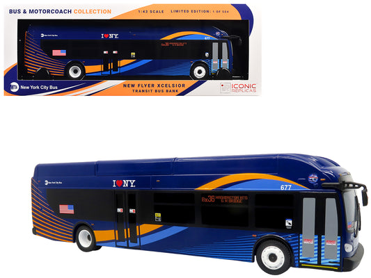 New Flyer Xcelsior Transit Bus Bank "MTA New York City" Blue with Graphics "The Bus & Motorcoach Collection" Limited Edition to 504 Pieces Worldwide 1/43 Model by Iconic Replicas T&y