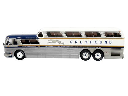 GM PD-4501 Scenicruiser Coach Bus "Greyhound Bus Lines - 50th Anniversary" Raw Metal with Blue and White Top and Gold Stripes "The Bus & Motorcoach Collection" 1/43 Plastic Model by Iconic Replicas
