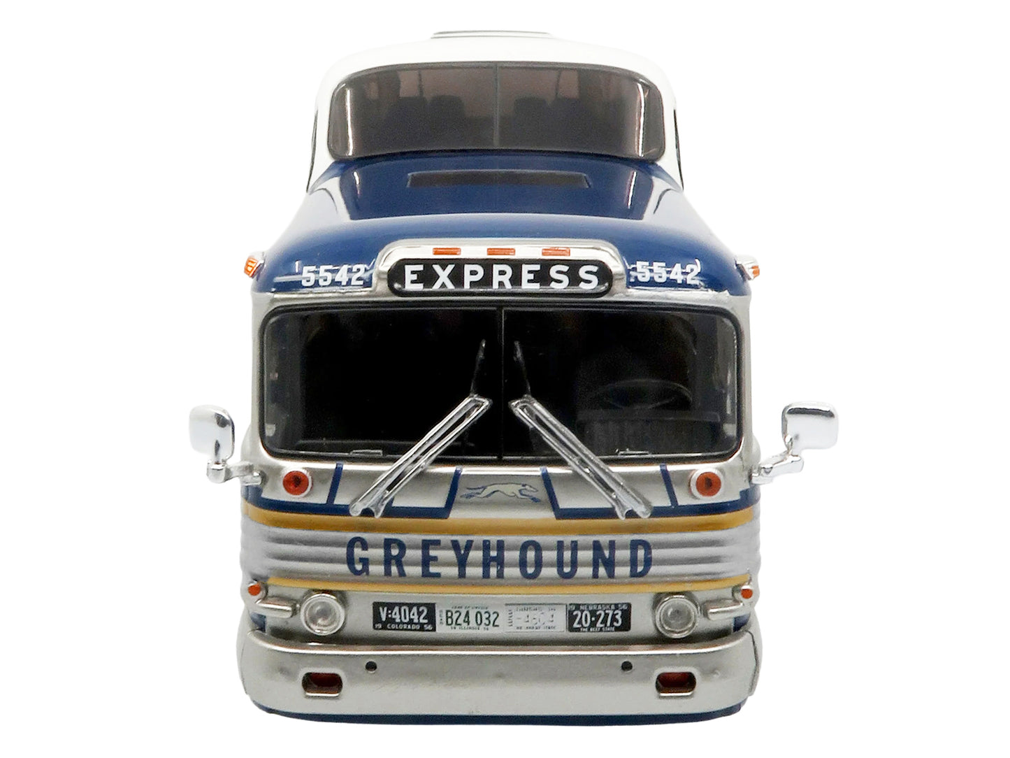 GM PD-4501 Scenicruiser Coach Bus "Greyhound Bus Lines - 50th Anniversary" Raw Metal with Blue and White Top and Gold Stripes "The Bus & Motorcoach Collection" 1/43 Plastic Model by Iconic Replicas