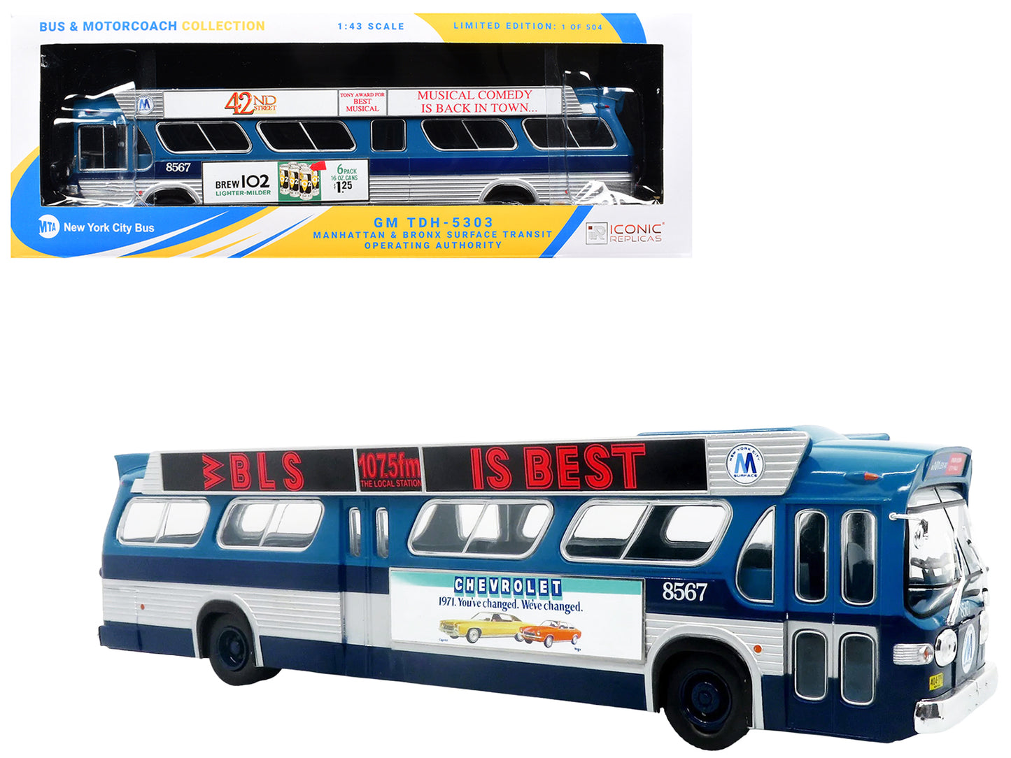 1963 GM TDH-5303 Transit Bus "MTA New York City Surface Transit" Blue Two-Tone with Graphics "The Bus & Motorcoach Collection" Limited Edition to 504 pieces Worldwide  1/43 Plastic Model by Iconic Replicas T&y