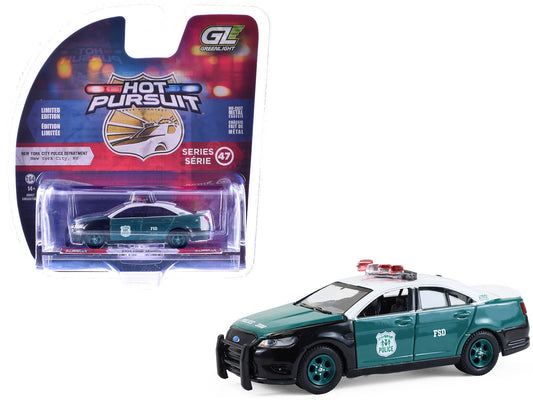 2014 Ford Taurus "New York Police Department (NYPD) Vintage Tribute Livery" Green and Black with White Top "Hot Pursuit" Series 47 1/64 T&y Diecast Model Car by Greenlight