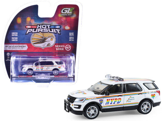 2016 Ford Police Interceptor Utility "New York Police Department (NYPD) Pride Livery" White with Rainbow Stripes "Hot Pursuit" Series 47 1/64 T&y Diecast Model Car by Greenlight
