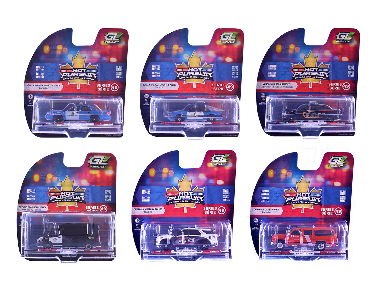GreenLight "Hot Pursuit - Canada Special Edition" Set of 6 Police Cars 1/64 Diecast Model by <h2>"Hot Greenlight</h2> <p>High-quality car perfect for collectors and enthusiasts. Features detailed inte