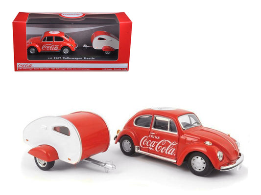 1967 Volkswagen Beetle Red with Teardrop Travel Trailer Red and White "Coca-Cola" 1/43 T&y Diecast Model Car by Motorcity Classics