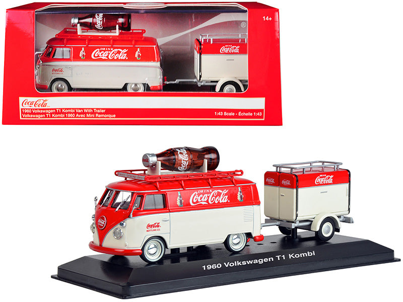 1960 Volkswagen T1 Kombi Van with Trailer Red and Cream "Coca Cola" 1/43 T&y Diecast Model Car by Motorcity Classics