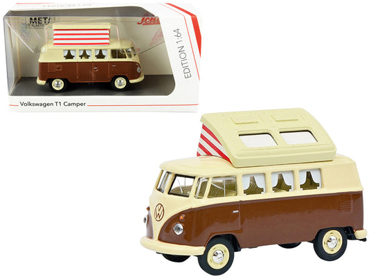 Volkswagen T1 Camper Bus with Pop-Top Roof Brown and Cream 1/64 Diecast