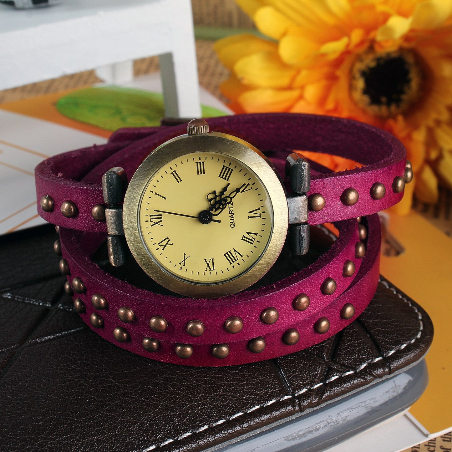 Fashionable Rivet Leather Belt Retro Watch Hand Chain-Pink Co