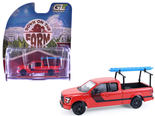 2015 Ford F-150 Pickup Truck with Ladder Rack Red with Black Stripes "Down on the Farm" Series 11 1/64 T&y Diecast Model by Greenlight