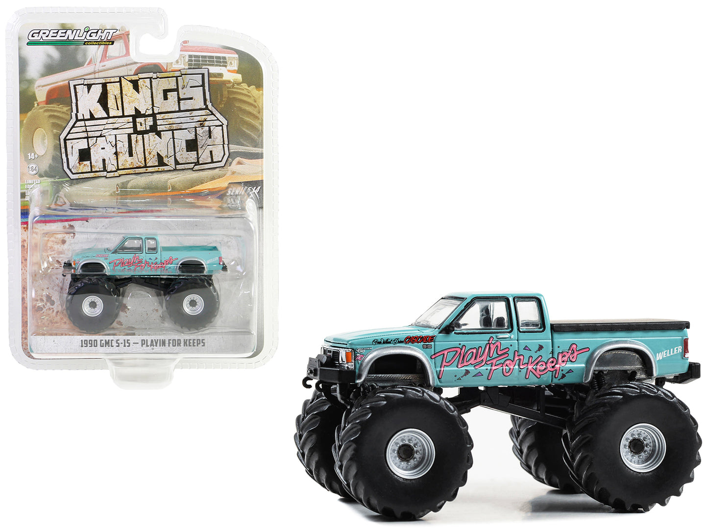 GreenLight 1990 GMC S-15 Monster Truck Light Blue "Playin' for Keeps" "Kings of Crunch" Series 14 1/64 Diecast Model Car by <h2>1990 Greenlight</h2> <p>High-quality perfect collectors and enthusiasts.