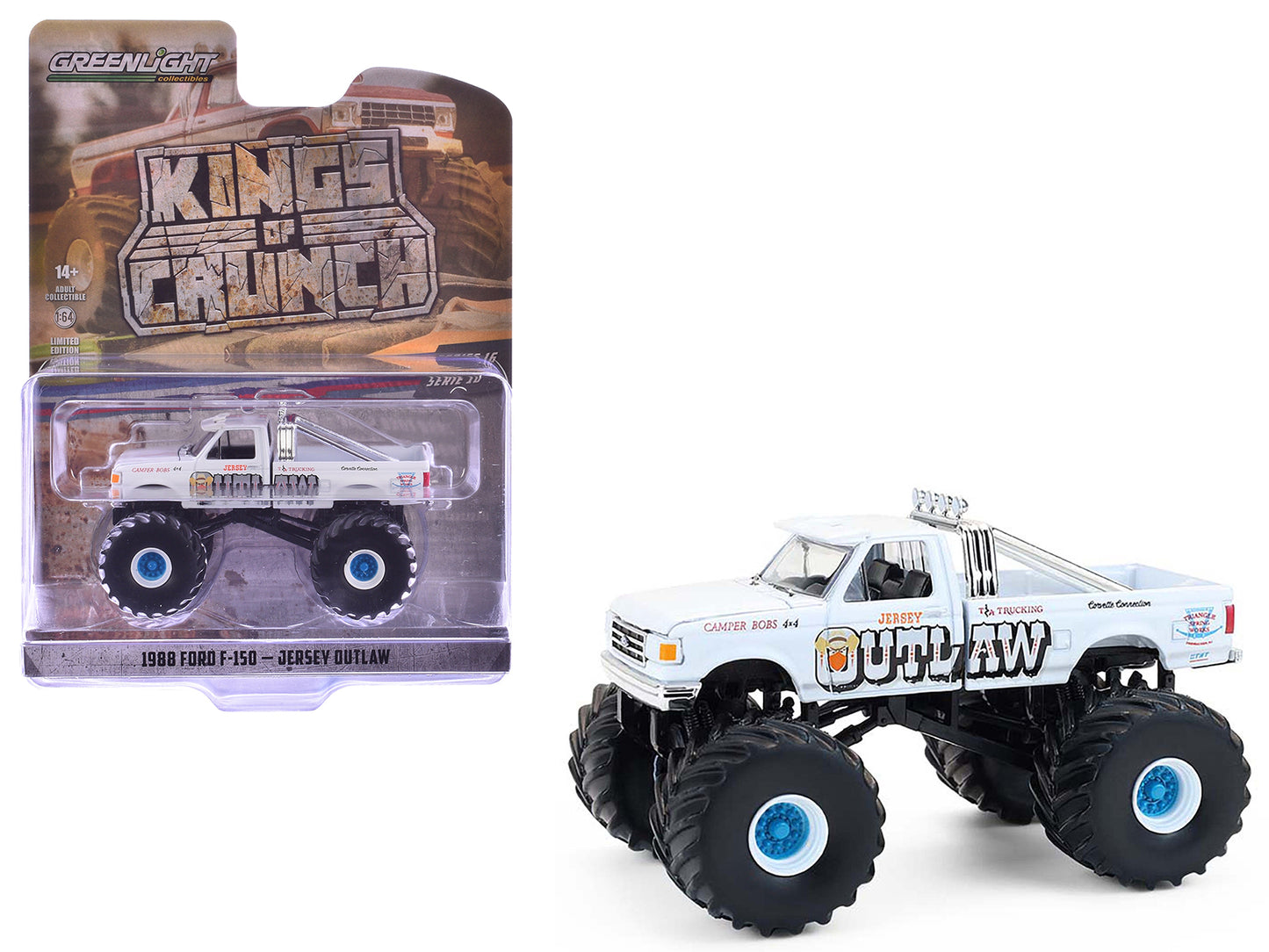 GreenLight 1988 Ford F-150 Monster Truck "Jersey Outlaw" White "Kings of Crunch" Series 16 1/64 Diecast Model Car by <h2>1988 Greenlight</h2> <p>High-quality perfect for collectors and enthusiasts. Fe