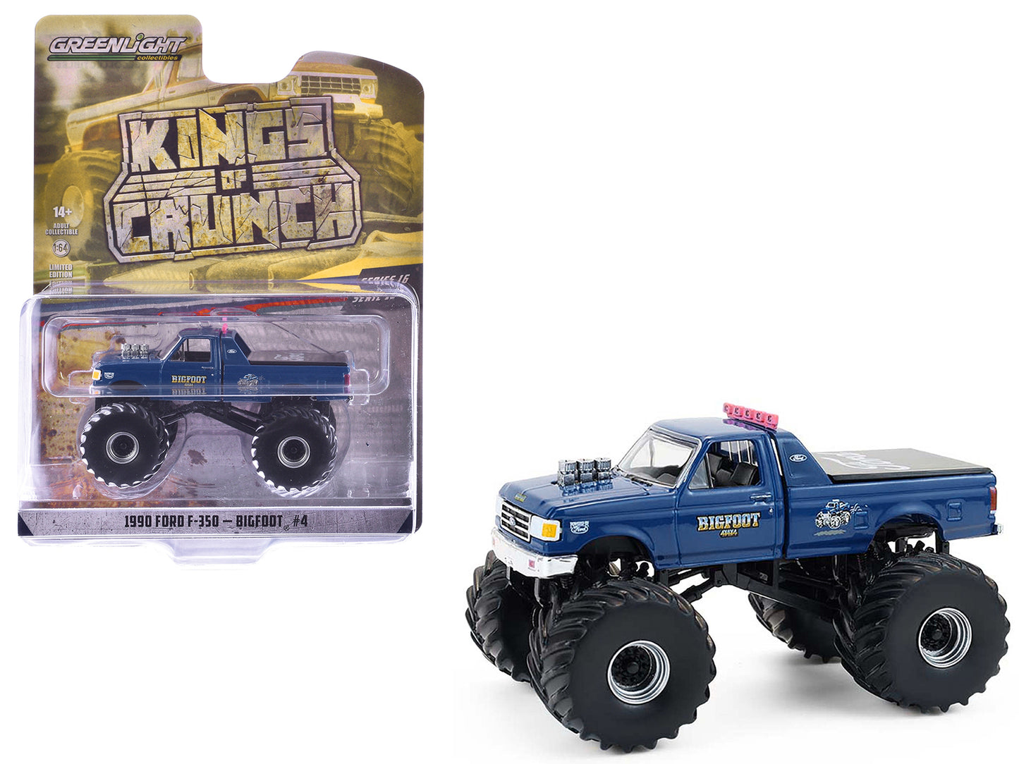 GreenLight 1990 Ford F-350 Monster Truck "Bigfoot #4" Blue "Kings of Crunch" Series 16 1/64 Diecast Model Car by <h2>1990 Greenlight</h2> <p>High-quality perfect for collectors and enthusiasts. Featur