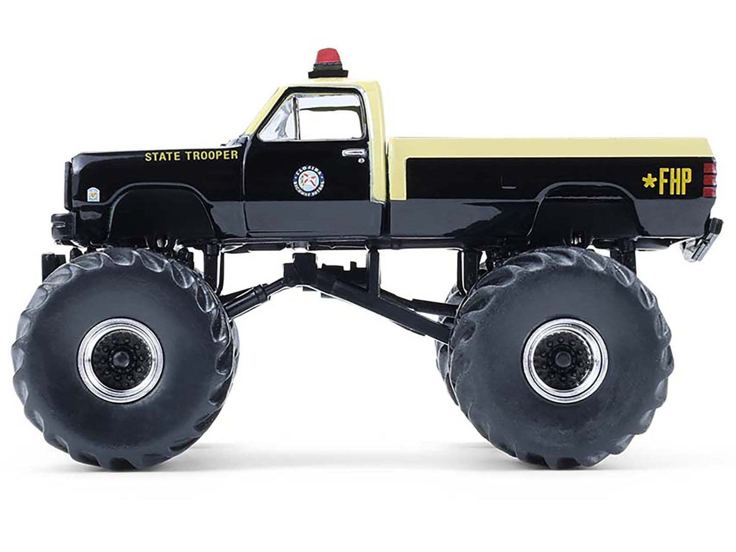 GreenLight 1983 Dodge Ram W350 Monster Truck "Florida Highway Patrol" Black with Cream Top and Stripes "Kings of Crunch - Hot Pursuit" Special Edition 1/64 Diecast Model Car by <h2>1983 Greenlight</h2