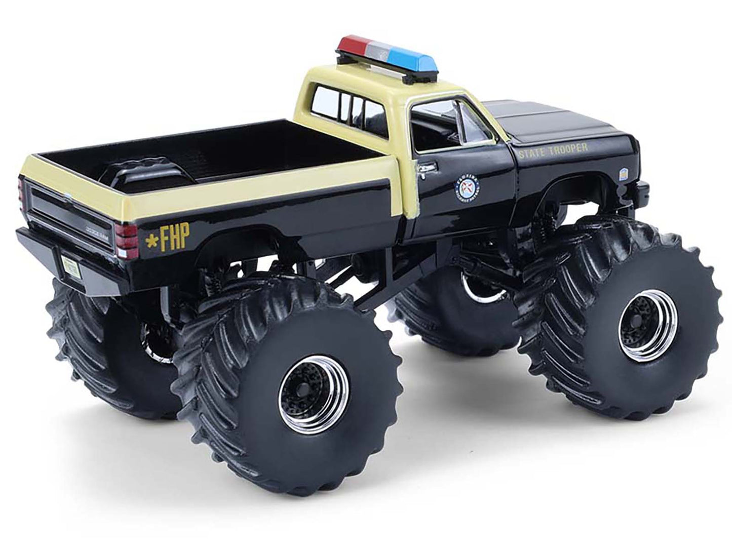 GreenLight 1983 Dodge Ram W350 Monster Truck "Florida Highway Patrol" Black with Cream Top and Stripes "Kings of Crunch - Hot Pursuit" Special Edition 1/64 Diecast Model Car by <h2>1983 Greenlight</h2