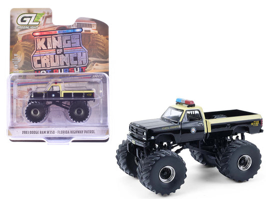 1983 Dodge Ram W350 Monster Truck "Florida Highway Patrol" Black with Cream Top and Stripes "Kings of Crunch - Hot Pursuit" Special Edition 1/64 T&y Diecast Model Car by Greenlight