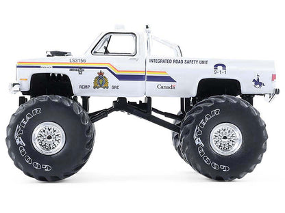 GreenLight 1986 Chevrolet Silverado Monster Truck "Royal Canadian Mounted Police" White with Stripes "Kings of Crunch - Hot Pursuit" Special Edition 1/64 Diecast Model Car by <h2>1986 Greenlight</h2>