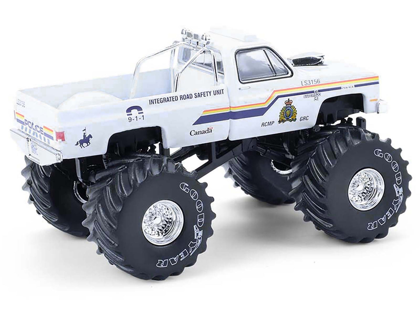 GreenLight 1986 Chevrolet Silverado Monster Truck "Royal Canadian Mounted Police" White with Stripes "Kings of Crunch - Hot Pursuit" Special Edition 1/64 Diecast Model Car by <h2>1986 Greenlight</h2>