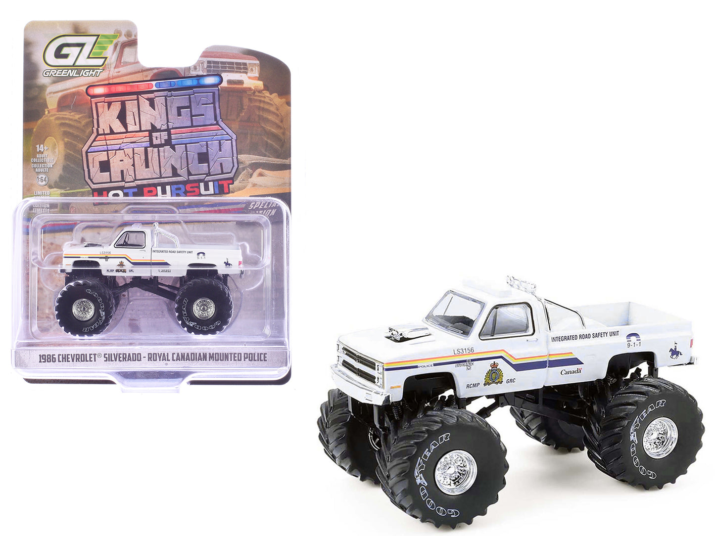 GreenLight 1986 Chevrolet Silverado Monster Truck "Royal Canadian Mounted Police" White with Stripes "Kings of Crunch - Hot Pursuit" Special Edition 1/64 Diecast Model Car by <h2>1986 Greenlight</h2>