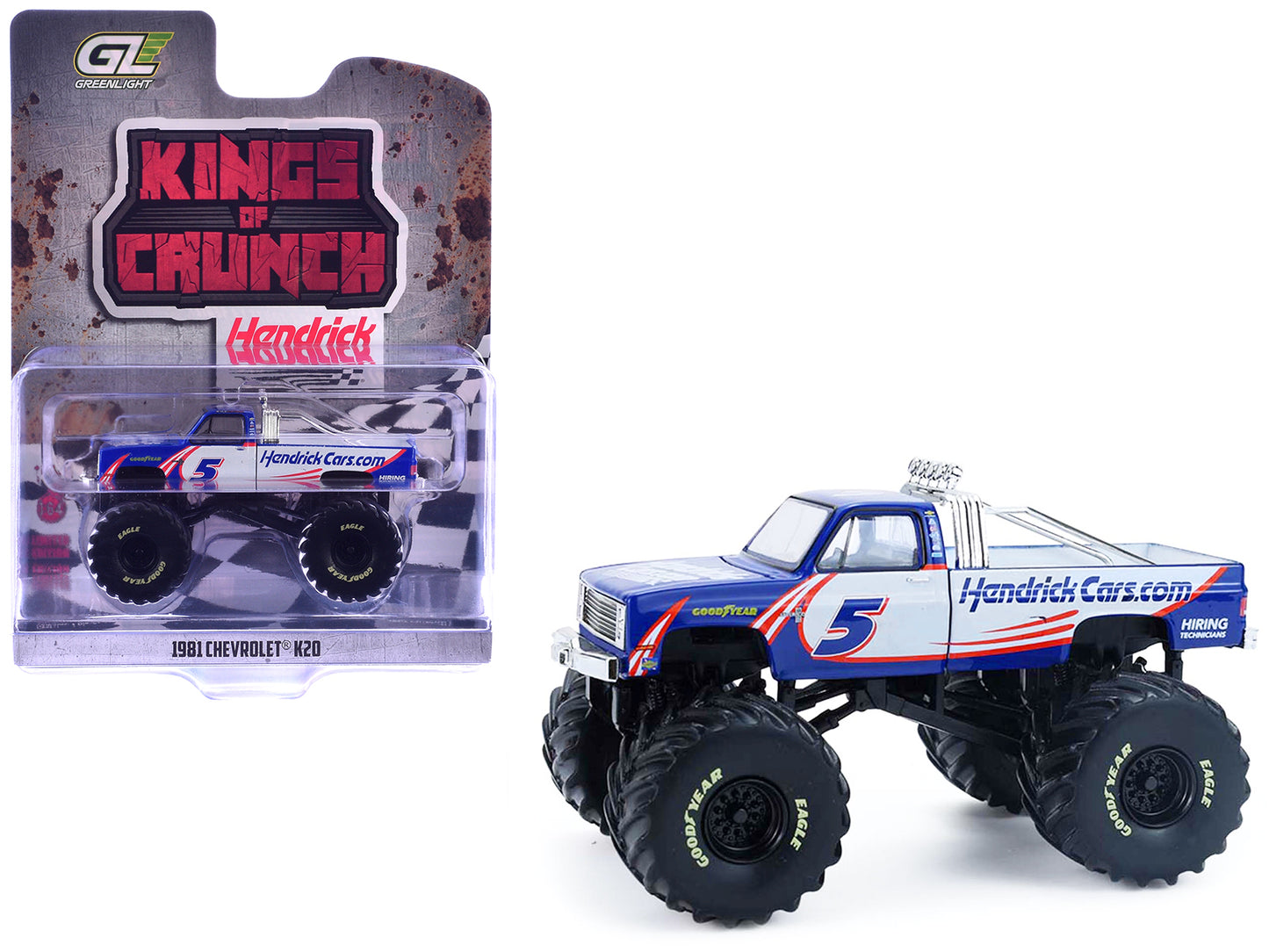 1981 Chevrolet K20 Monster Truck #5 "HendrickCars.com" Blue and White with Graphics "Kings of Crunch - Hendrick Motorsports Tribute" Special Edition 1/64 T&y Diecast Model Car by Greenlight