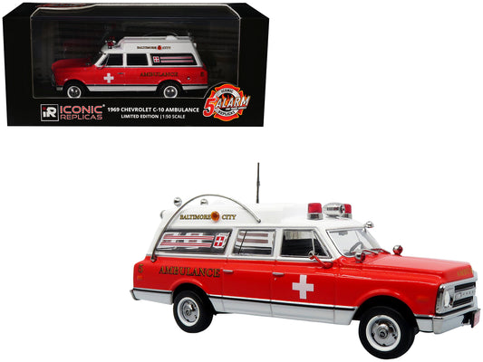 1969 Chevrolet C-10 Ambulance "Baltimore City Fire Department" White and Red "5 Alarm" Series Limited Edition 1/50 T&y Diecast Model by Iconic Replicas