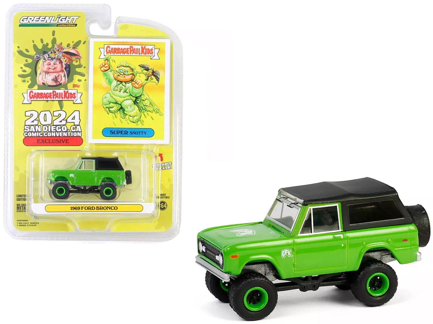 GreenLight 1969 Ford Bronco "Garbage Pail Kids: Super Snotty" Green with Black Top "San Diego Comic-Con 2024 Exclusive" 1/64 Diecast Model Car by <h2>1969 Greenlight</h2> <p>High-quality perfect for c
