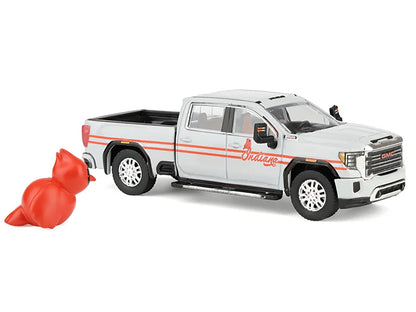GreenLight 2022 GMC Sierra 3500 HD Pickup Truck "Indiana Cardinals" Silver Metallic with Red Stripes and Cardinal Figure "2025 Waltersons Collector's Expo Exclusive" 1/64 Diecast Model Car by Collecti