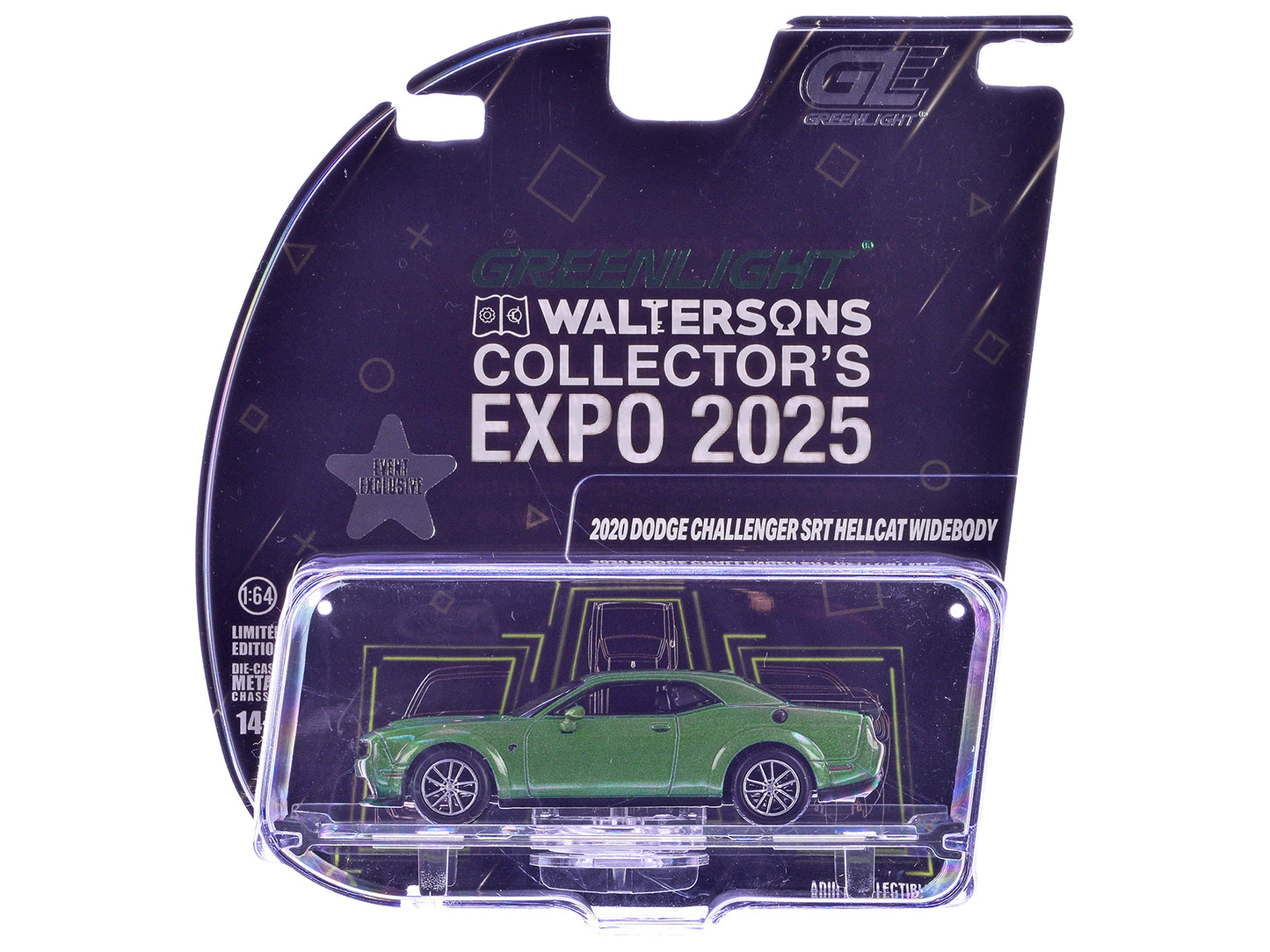 GreenLight 2020 Dodge Challenger SRT Hellcat Widebody F8 Green Metallic with Black Indiana Stripes "2025 Waltersons Collector's Expo Exclusive" 1/64 Diecast Model Car by <h2>2020 Greenlight</h2> <p>Hi