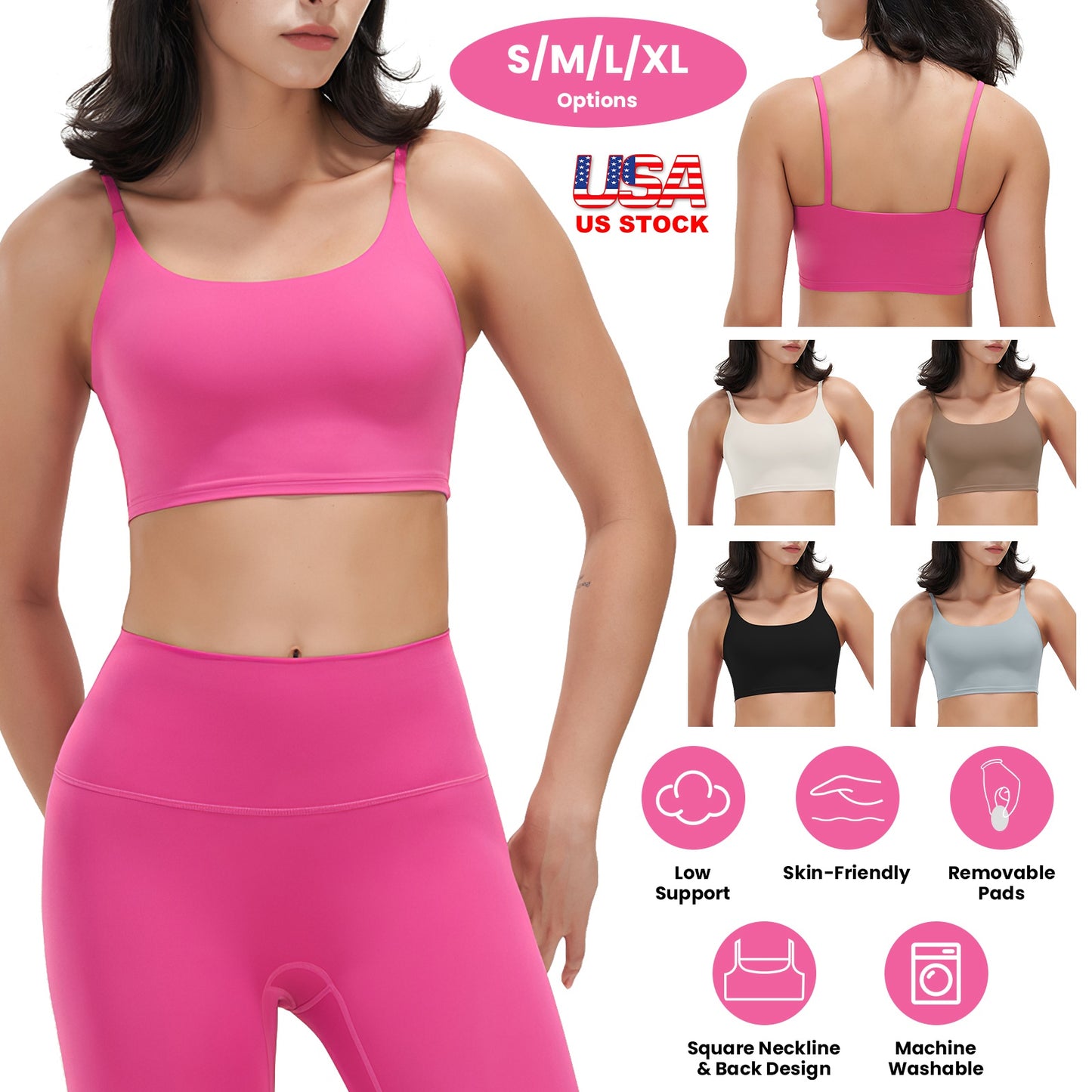 Women Strap Sport Bras Padded Strappy Crop Square Neck Low Impact Sexy Fitness