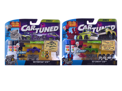 1969 Pontiac GTO Purple Metallic and 1967 Chevrolet C10 Pickup Truck Green Metallic "Custom Shop" 2 Car Set T&y Diecast Model Cars by CarTuned